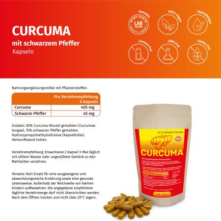 Preview: Kurkuma (Curcuma) mit schwarzem Pfeffer, Kapseln