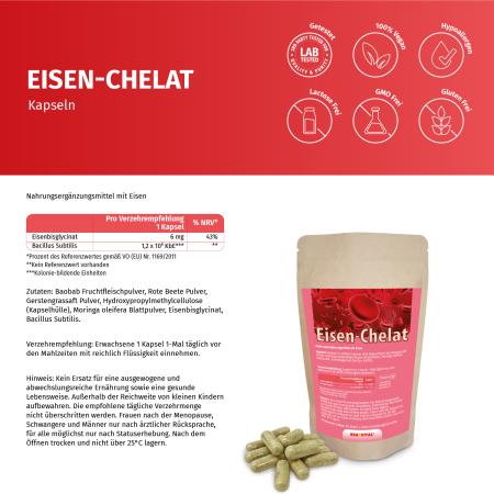 Preview: Vegane Eisen-Chelat Kapseln mit Eisenbisglycinat & Pflanzenkomplex