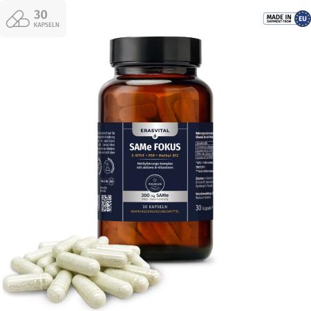 SAMe FOKUS – 300 mg S-Adenosyl-L-Methionin (SAMe) mit aktivem Folat (5-MTHF), Vitamin B6 (P-5-P) und Vitamin B12 (Methylcobalamin)