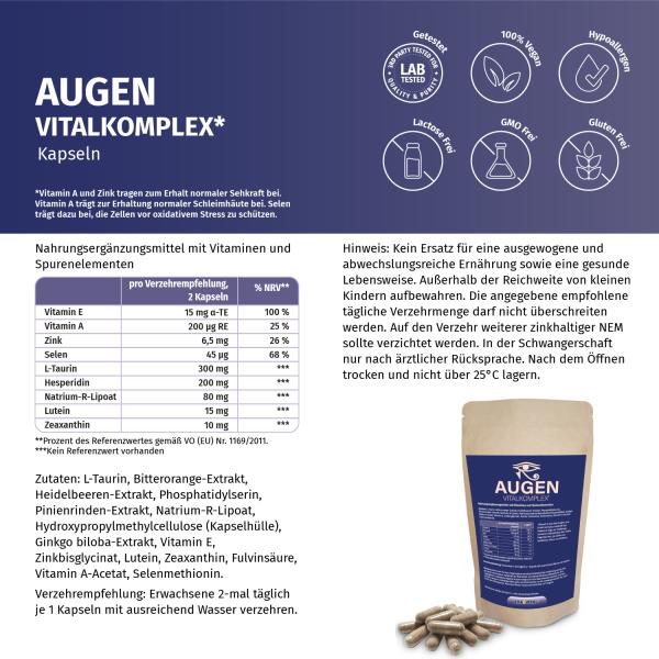 AUGEN Vitalkomplex Kapseln – mit Lutein, Zeaxanthin, Vitamin A, Zink und Selen für die tägliche Ergänzung