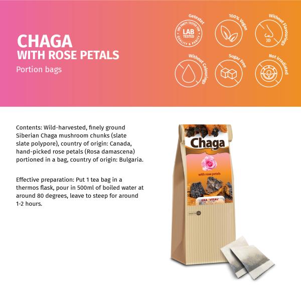 Chaga-Pilz mit Rosenblättern im Teebeutel