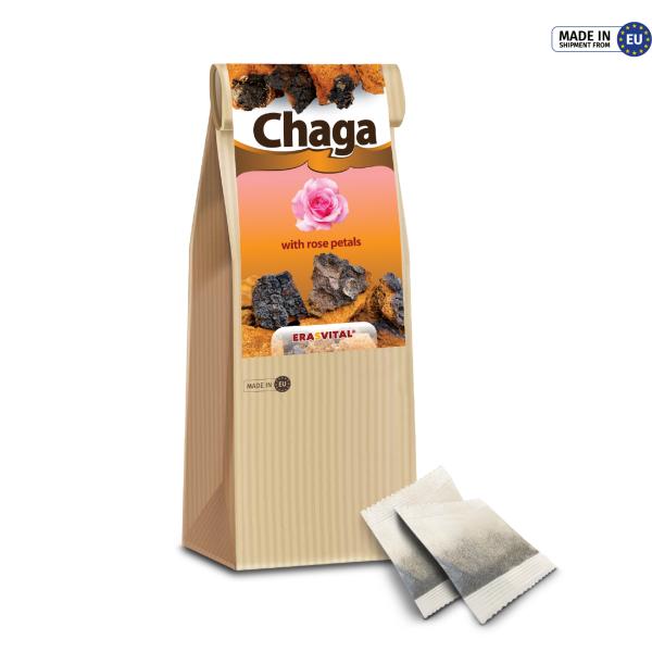Chaga-Pilz mit Rosenblütel im Teebeutel ohne Tassenreiter