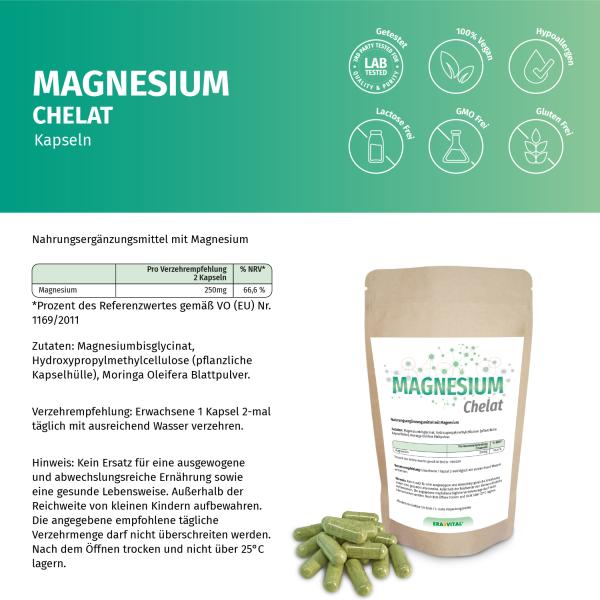 Magnesium Chelat Kapseln (Bisglycinat) – Vegan, Hoch bioverfügbar