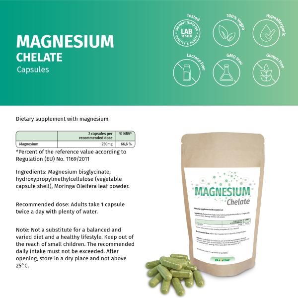 Magnesium Chelat Kapseln (Bisglycinat) – Vegan, Hoch bioverfügbar