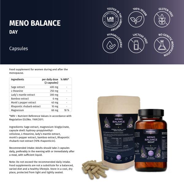MENO BALANCE NIGHT – Wechseljahre Kapseln mit Magnesium, L-Theanin & Pflanzenextrakten