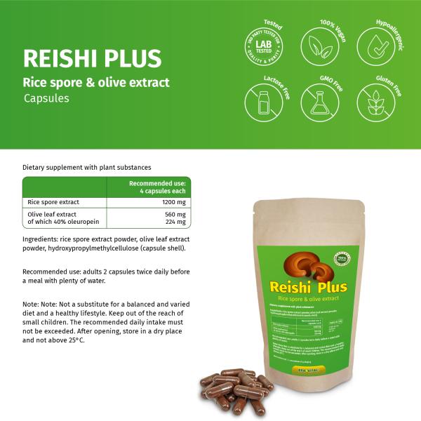 Reishi Sporenextrakt mit Olivenblattextrakt Kapseln. Vegan.