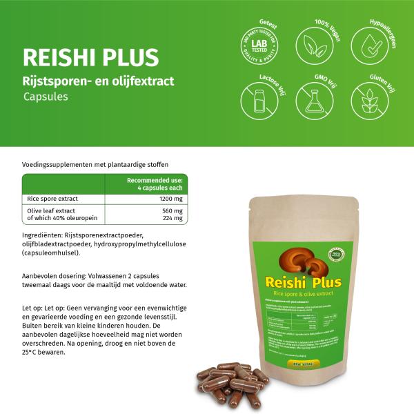 Reishi Sporenextrakt mit Olivenblattextrakt Kapseln. Vegan.