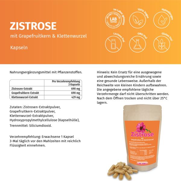 Zistrose-, Grapefruitkern-, Klettenwurzel-Extrakten, Kapseln